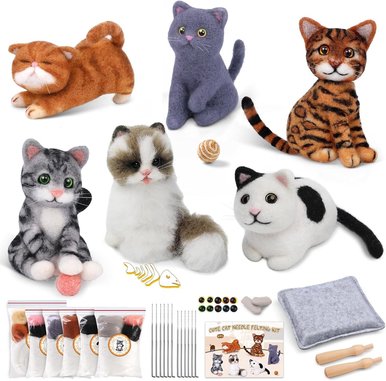 6 PCS Needle Felting Kit, Animal Needle Felting Beginner Kits Wool Felt Needle Felting Tools with Instruction for DIY Craft Animal Home Decoration (Cute Cat)